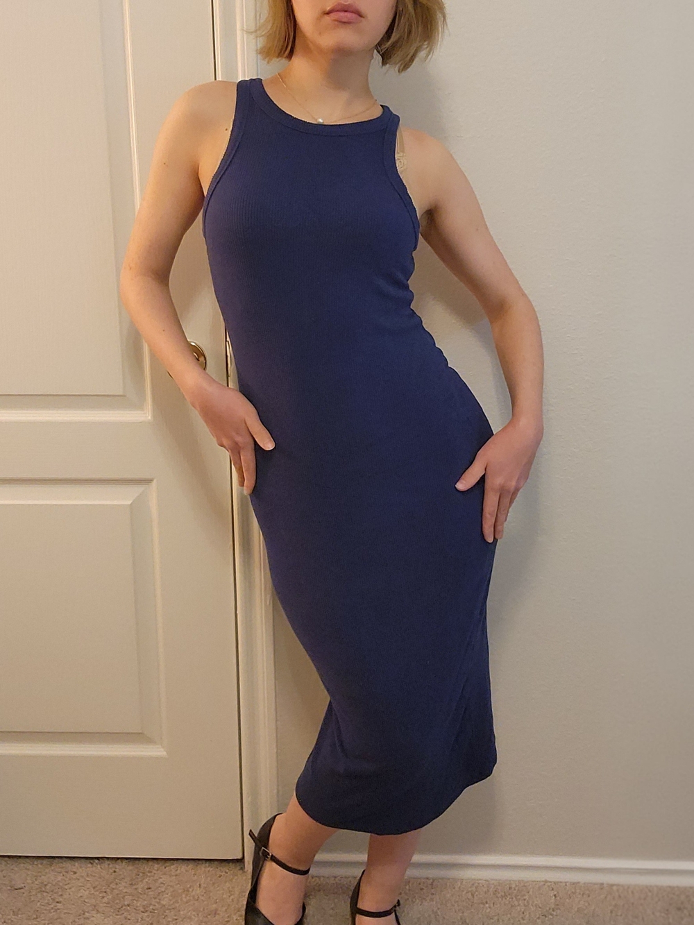 SHEIN Navy Blue Ribbed High Neck Bodycon Midi Dress Size Large Stretchy